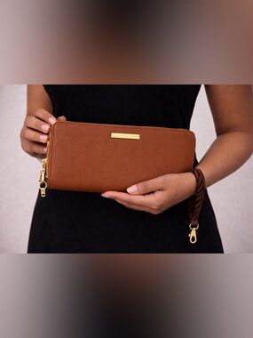 Joy Mangano Tan Pebbled Leather Wallet with Gold Plate
